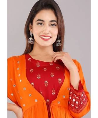 Orange Colored Party Wear Embroidered Rayon Anarkali Suit With jacket 5