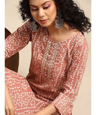 Women's Printed & Embroidered Straight Rayon Peach Kurta 2