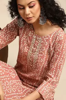 Women's Printed & Embroidered Straight Rayon Peach Kurta