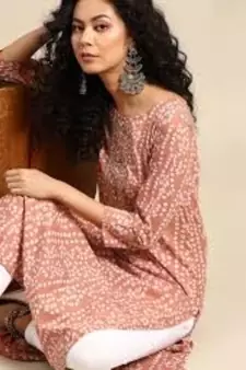 Women's Printed & Embroidered Straight Rayon Peach Kurta