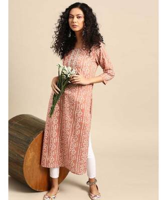 Women's Printed & Embroidered Straight Rayon Peach Kurta 1