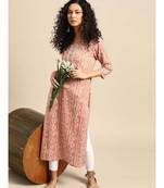 Women's Printed & Embroidered Straight Rayon Peach Kurta