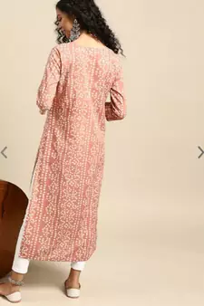 Women's Printed & Embroidered Straight Rayon Peach Kurta