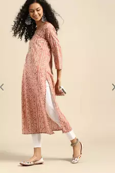 Women's Printed & Embroidered Straight Rayon Peach Kurta