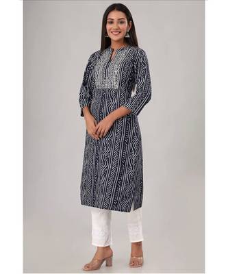 Women's Blue Coloured Rayon Embroidered Bandhej Straight Kurti 1