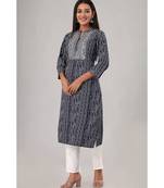 Women's Blue Coloured Rayon Embroidered Bandhej Straight Kurti