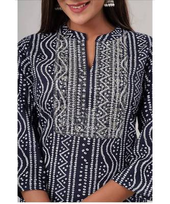 Women's Blue Coloured Rayon Embroidered Bandhej Straight Kurti 2