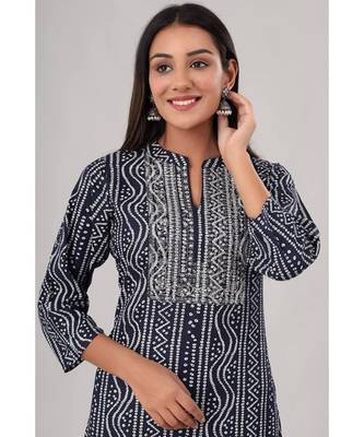 Women's Blue Coloured Rayon Embroidered Bandhej Straight Kurti 3