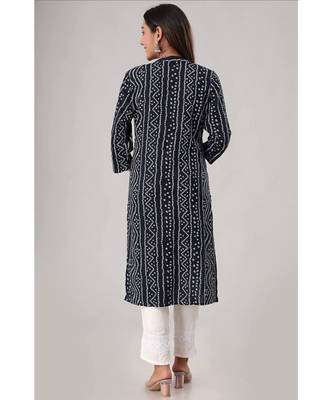 Women's Blue Coloured Rayon Embroidered Bandhej Straight Kurti 4