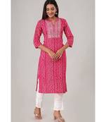 Women's Pink Rayon Bandhej Printed Straight Kurti