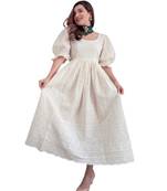 White Chikan Cotton Anarkali Embroidery Kurta Dress