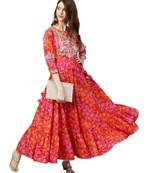 Womens Red & Orange Bandhani Print Anarkali Kurta