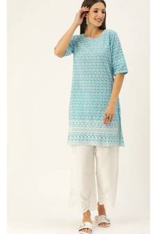 Blue Ethnic Motifs Embroidered Chikankari Kurti