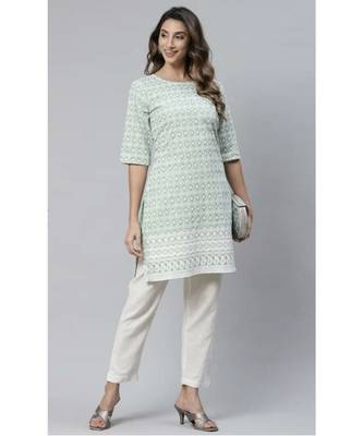 Green Ethnic Motifs Embroidered Chikankari Kurti 1