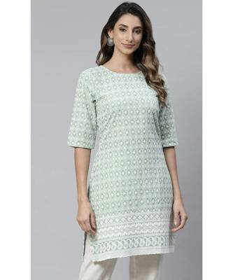 Green Ethnic Motifs Embroidered Chikankari Kurti 2