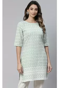 Green Ethnic Motifs Embroidered Chikankari Kurti