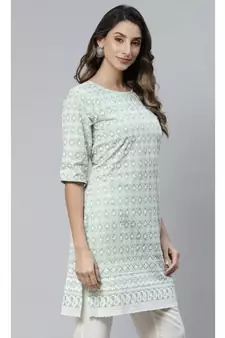 Green Ethnic Motifs Embroidered Chikankari Kurti