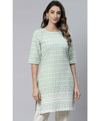 Green Ethnic Motifs Embroidered Chikankari Kurti 5