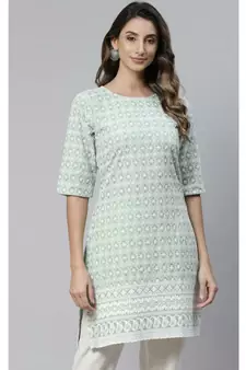 Green Ethnic Motifs Embroidered Chikankari Kurti