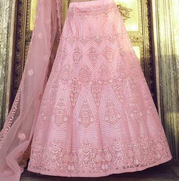 Pale Chestnut Peach Thread, zari, dori and Sequins embroidered net Semi Stitched Bridal Lehenga 5