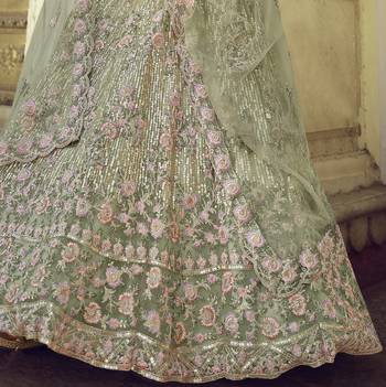 Spanish Green Thread, zari, dori and Sequins embroidered net Semi Stitched Bridal Lehenga 5