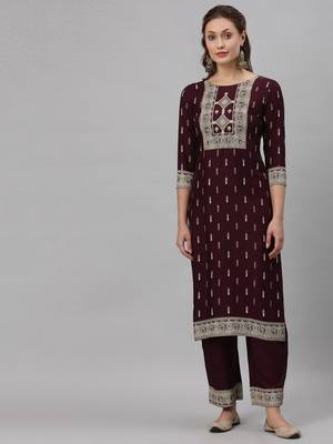 Wine printed viscose rayon Kurta Set 1