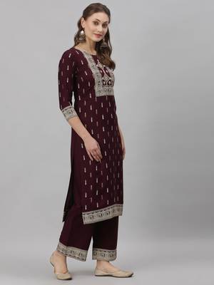 Wine printed viscose rayon Kurta Set 2