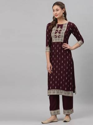 Wine printed viscose rayon Kurta Set 3