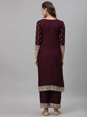 Wine printed viscose rayon Kurta Set 4
