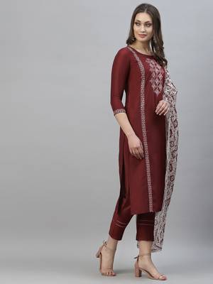 Maroon embroidered cotton silk Kurta Sets 3
