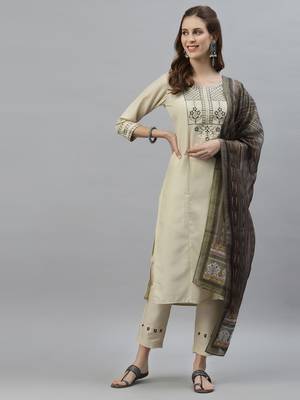 Beige embroidered cotton silk Kurta Set 1