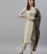 Beige embroidered cotton silk Kurta Set
