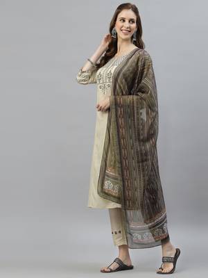 Beige embroidered cotton silk Kurta Set 2