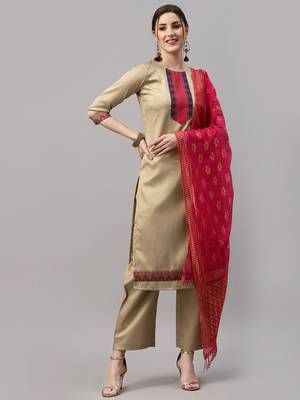 Beige woven cotton silk Kurta Set 1