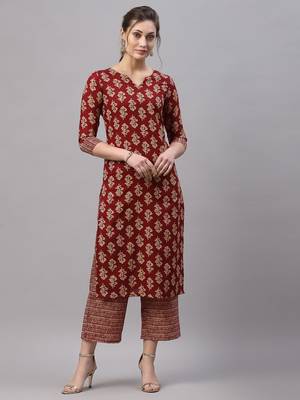 Maroon printed cotton silk Kurta Set 1