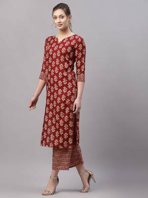 Maroon printed cotton silk Kurta Set 3