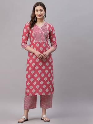 Pink printed cotton Kurta Set 1