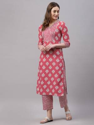 Pink printed cotton Kurta Set 3