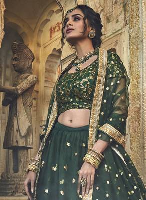 Captivating Green zari & sequins embroidered net Wedding Lehenga 6