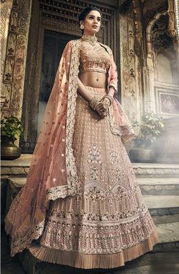 Rodeo Dust pink Swarovski, Thread & Zari embroidered with cut work Georgette Semi Stitched Wedding Lehenga 5
