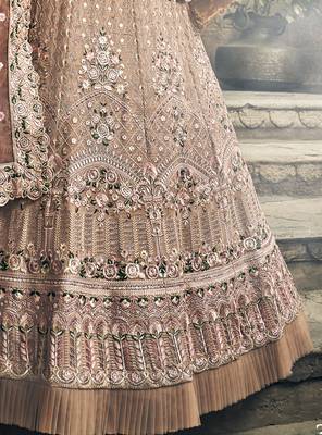 Rodeo Dust pink Swarovski, Thread & Zari embroidered with cut work Georgette Semi Stitched Wedding Lehenga 6