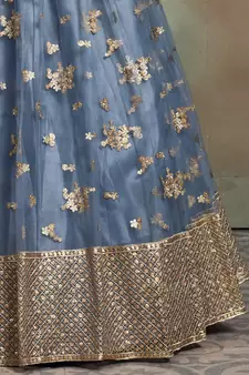 Ly Slate Grey Zari & Sequins Embroidered Semi Stitched Net Lehenga For Bridesmaid