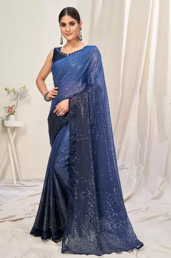 Blue plain chiffon saree with blouse