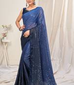 Blue plain chiffon saree with blouse