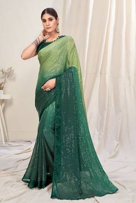 Green Plain Chiffon Saree With Blouse 1