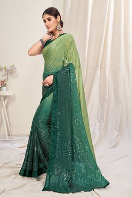 Green Plain Chiffon Saree With Blouse 2
