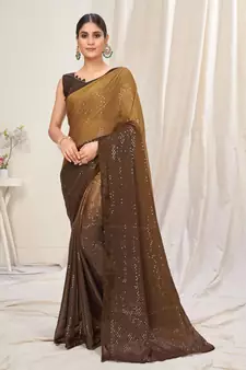 Brown plain chiffon saree with blouse