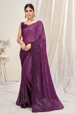 Magenta plain chiffon saree with blouse 1
