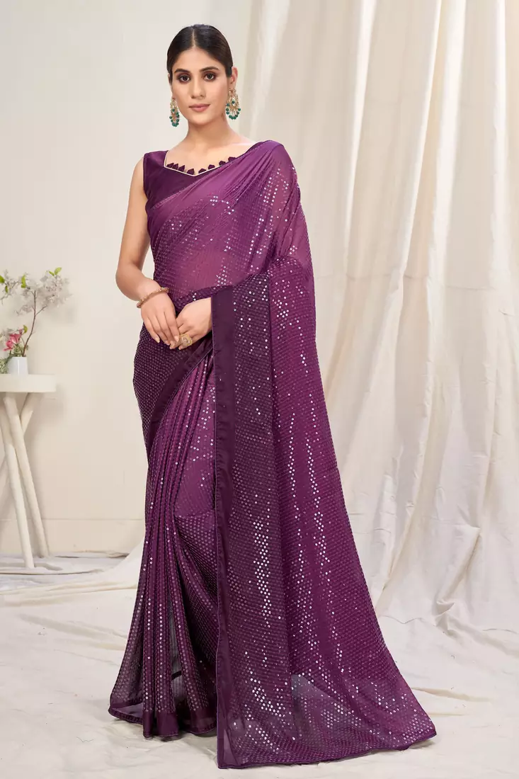 Magenta plain chiffon saree with blouse