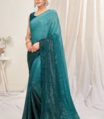 Turquoise plain chiffon saree with blouse